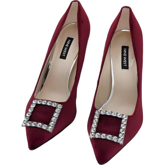 Nine West Franny Burgundy Velvet Jeweled Pointed Toe Pumps Heels Women 8M - Picture 5 of 6